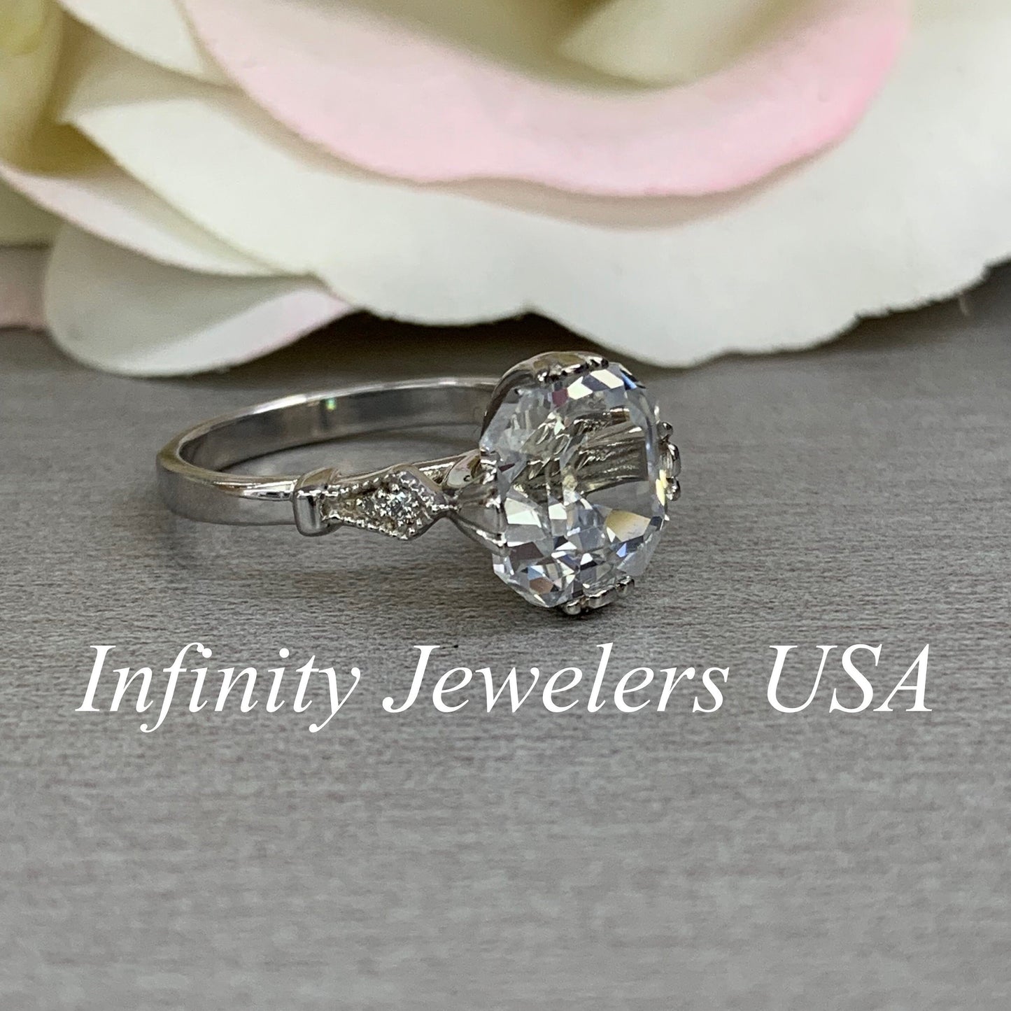 Certified moissanite asscher cut engagement ring, with round diamond accents, 3.20ctw, 14k white gold wedding ring