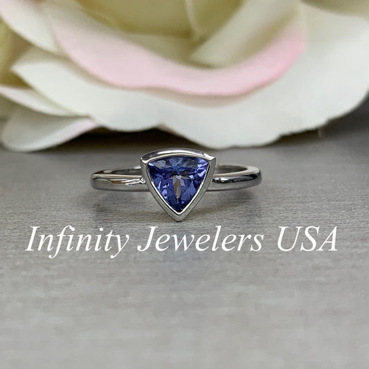 Triangle Gemstone Ring Setting Solid Gold, #5812 Unique Vintage Stacking Ring Tanzanite For Women, Bezel Set Dainty Trillion Tanzanite Rings