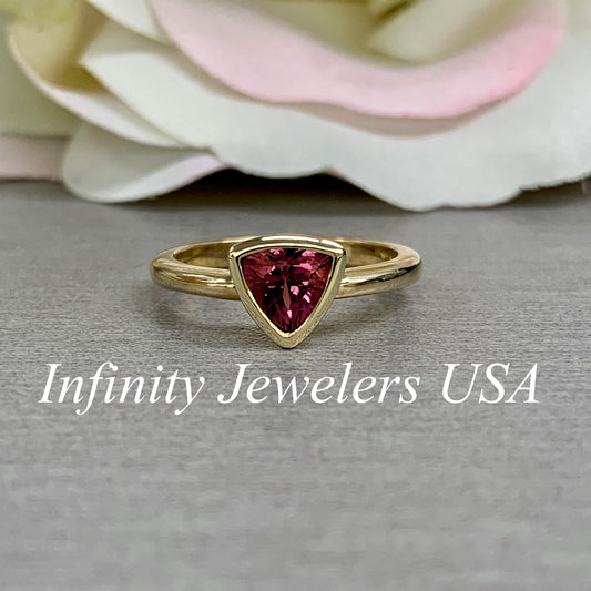 Pink Tourmaline Ring 14k solid gold, Pink Stone Bezel Set Triangle Ladies Ring, Simple Pink Dainty Stacking Ring, Pink Engagement Ring, 5810