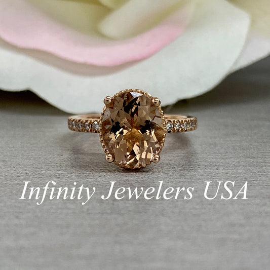 Morganite Ring 14K Solid Rose Gold, Pink Morganite Engagement Ring, Oval Shape Three Stone Morganite Wedding Promise Ring, Gift For Her 5525