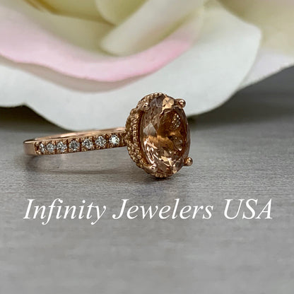 Morganite Ring 14K Solid Rose Gold, Pink Morganite Engagement Ring, Oval Shape Three Stone Morganite Wedding Promise Ring, Gift For Her 5525