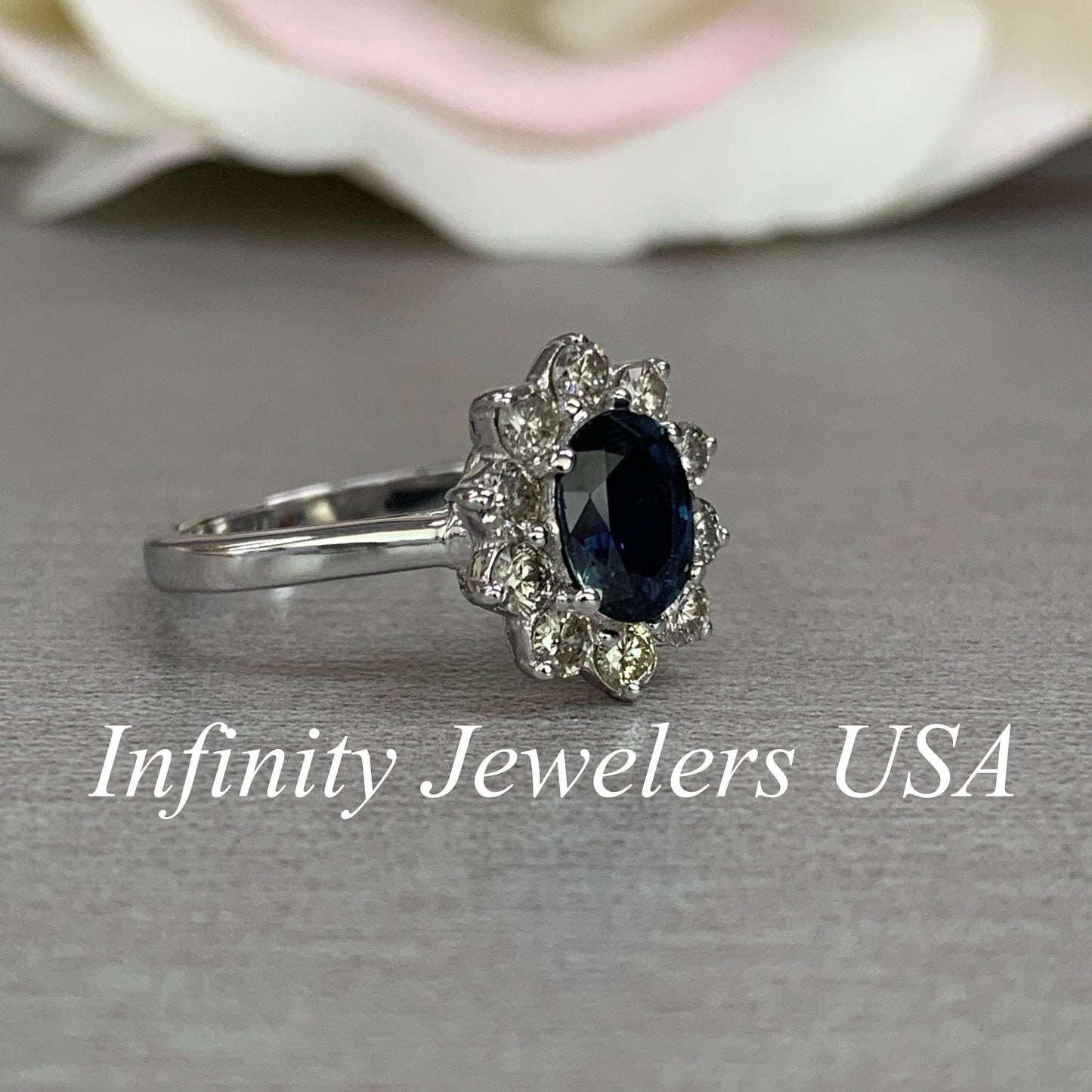 Natural blue sapphire and diamond ring 14k white gold, Blue sapphire engagement ring, Unique Vintage style halo diamond wedding ring, #5974