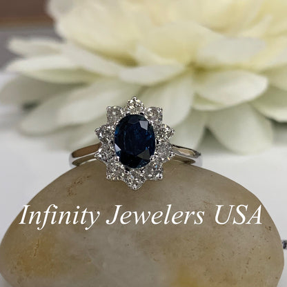 Natural blue sapphire and diamond ring 14k white gold, Blue sapphire engagement ring, Unique Vintage style halo diamond wedding ring, #5974