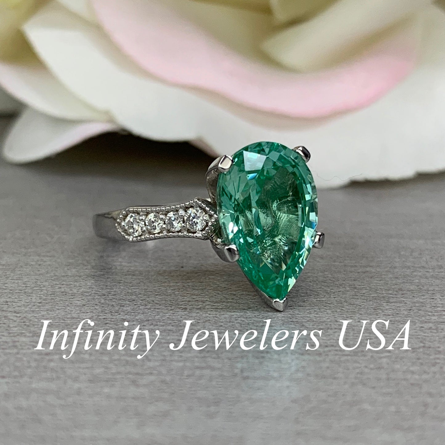 Pear Shape Engagement Ring / Green Paraiba Ring / Paraiba And Moissanite Ring / 14K White Gold / #6399