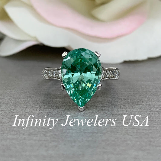 Pear Shape Engagement Ring / Green Paraiba Ring / Paraiba And Moissanite Ring / 14K White Gold / #6399