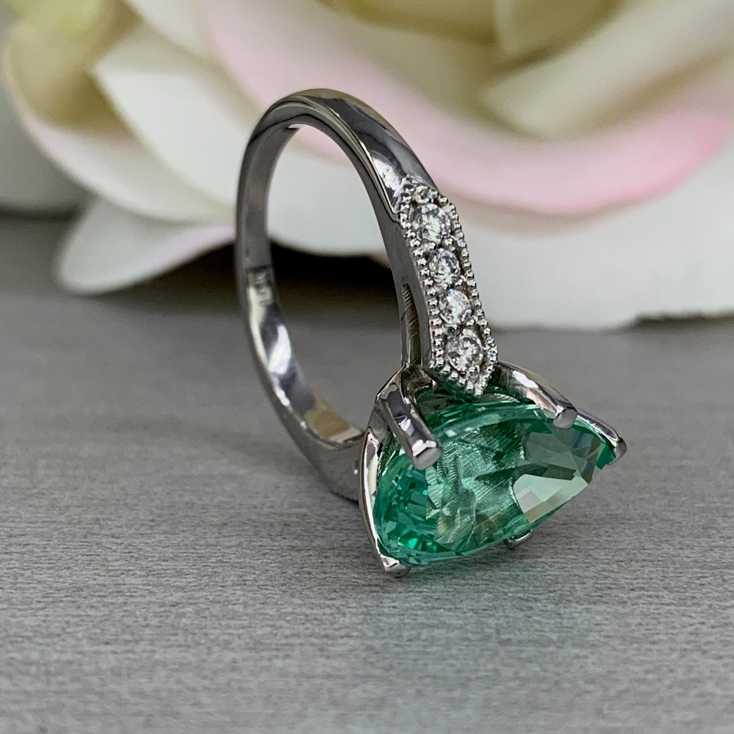 Pear Shape Engagement Ring / Green Paraiba Ring / Paraiba And Moissanite Ring / 14K White Gold / #6399