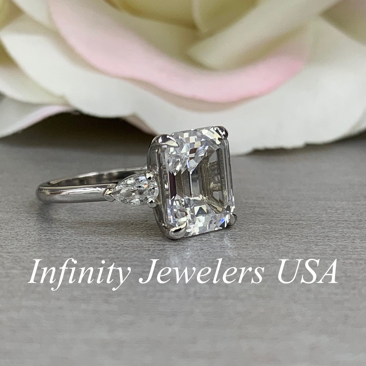 Certified Moissanite Emerald Cut Engagement Ring With Pear Accents In 14k White Gold