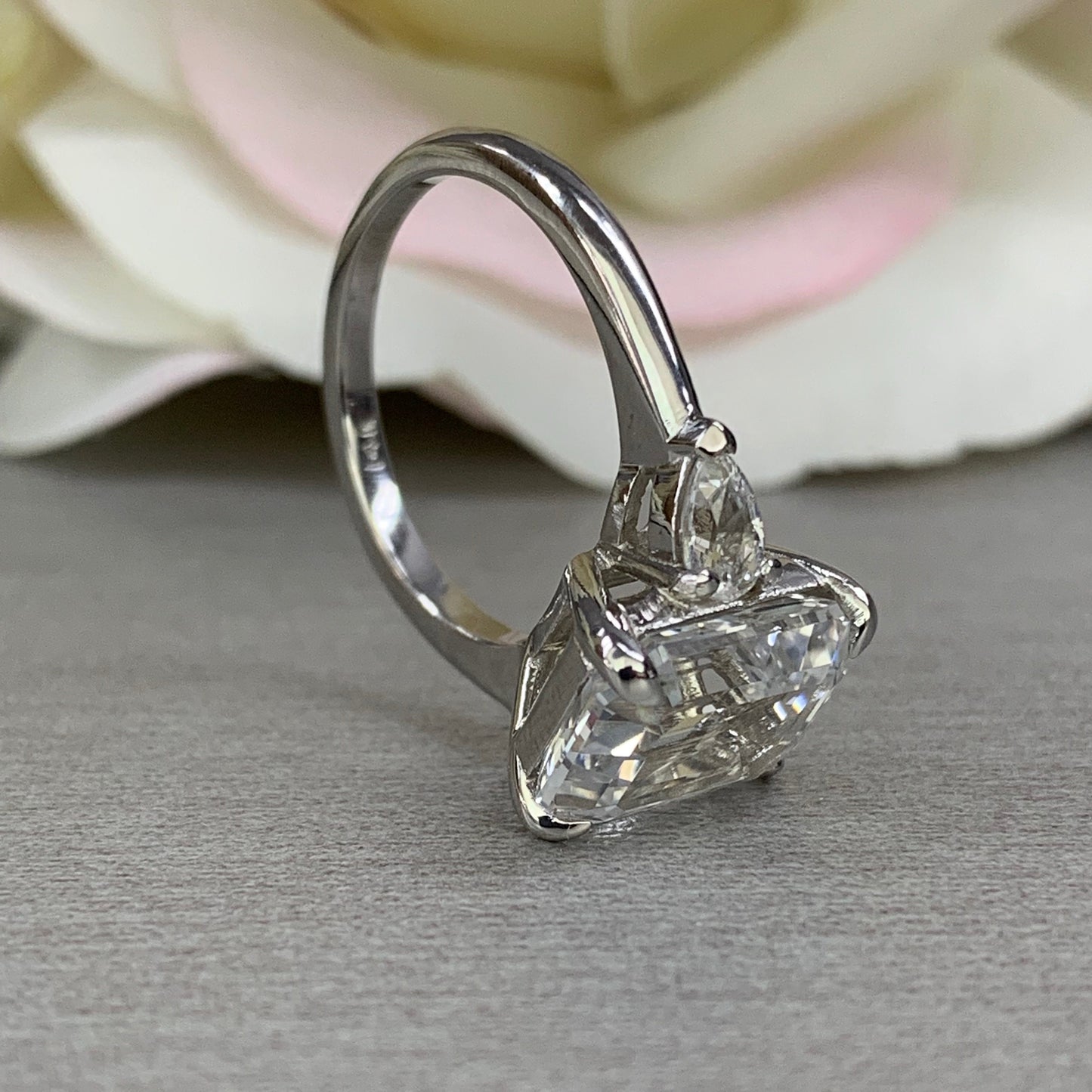 Certified Moissanite Emerald Cut Engagement Ring With Pear Accents In 14k White Gold