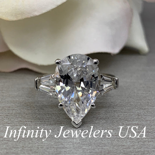 Pear shaped moissanite engagement ring 14K solid gold, three stone engagement set women vintage baguette moissanite Promise ring gift, #6484