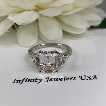 Moissanite emerald cut engagement ring, ring with half moon and round accents,  4.50CTW14k white gold