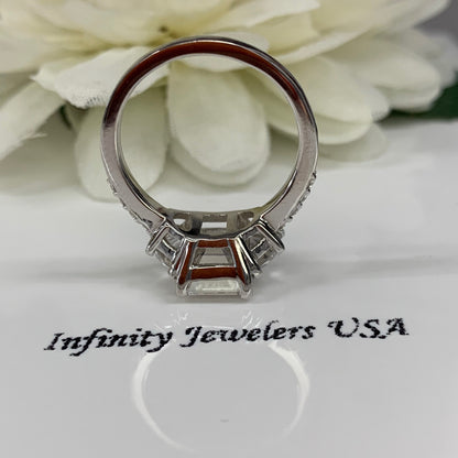 Moissanite emerald cut engagement ring, ring with half moon and round accents,  4.50CTW14k white gold