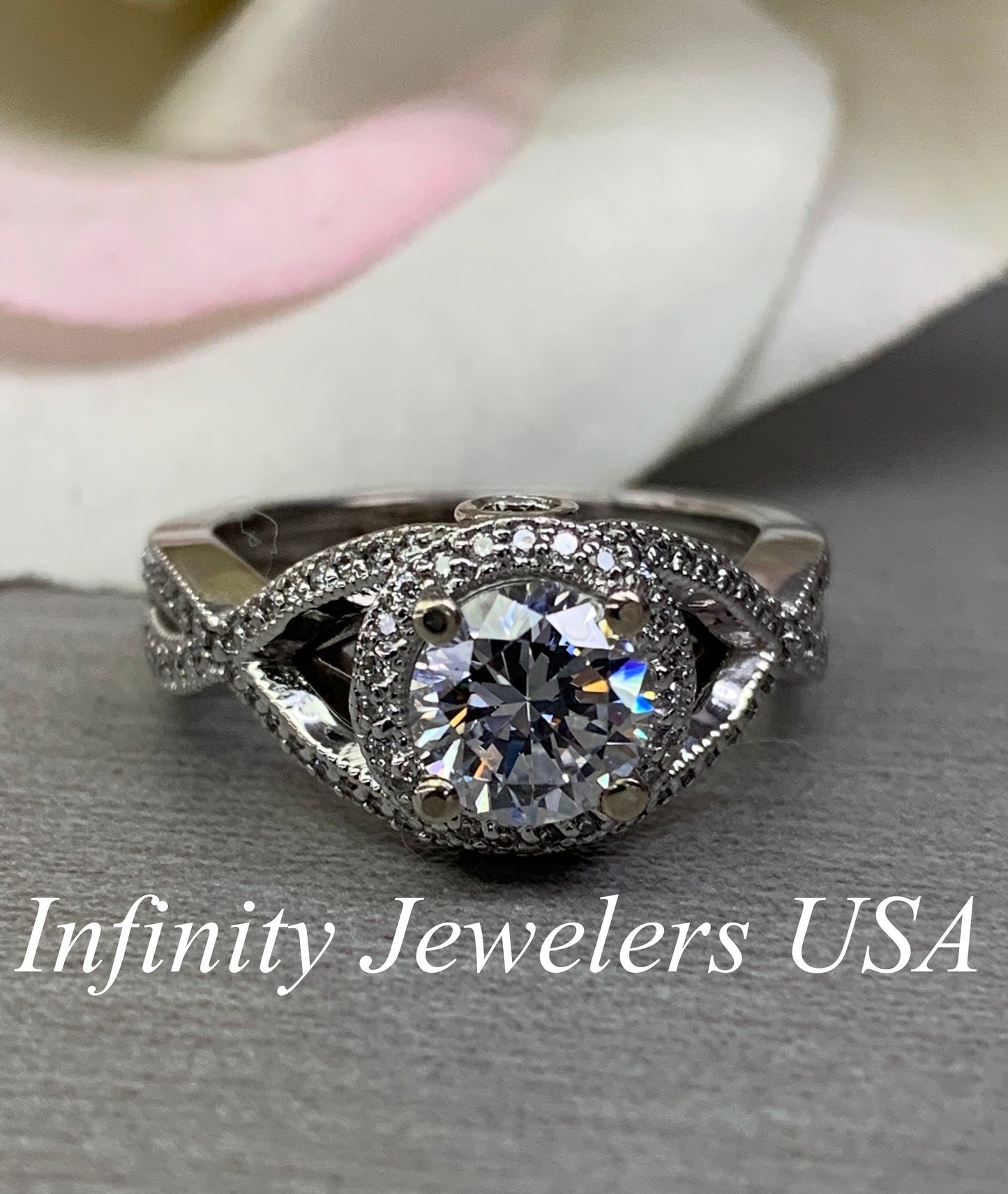 Round Cut Moissanite Engagement Ring 14K White Gold Infinity Design Halo Moissanite Engagement Ring For Women Unique Moissanite Ring   #3800