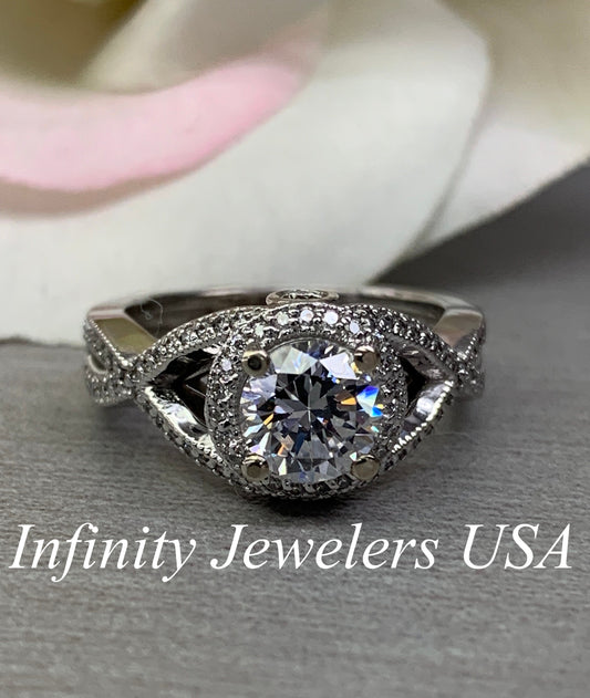 Round Cut Moissanite Engagement Ring 14K White Gold Infinity Design Halo Moissanite Engagement Ring For Women Unique Moissanite Ring   #3800