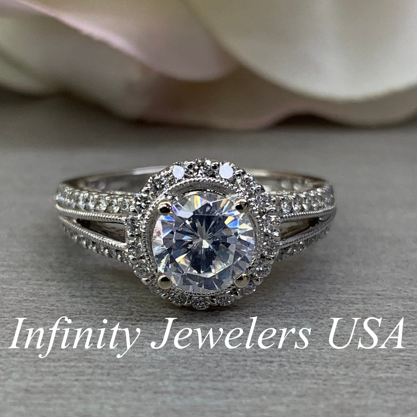 Round Moissanite Engagement Rings 14k Solid Gold , Unique Split Shank Diamond Wedding Ring , Moissanite and Diamond Halo Ring For Women #807