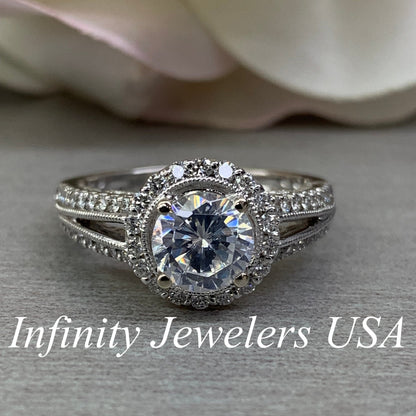 Round Moissanite Engagement Rings 14k Solid Gold , Unique Split Shank Diamond Wedding Ring , Moissanite and Diamond Halo Ring For Women #807