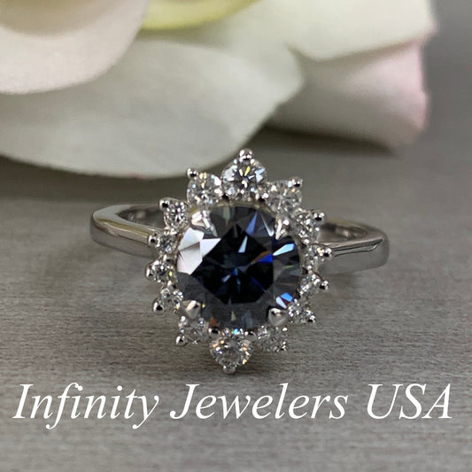 Round Charcoal Grey Moissanite / Moissanite Halo Engagement Ring / Moissanite Ring With Accents / 14K White Gold