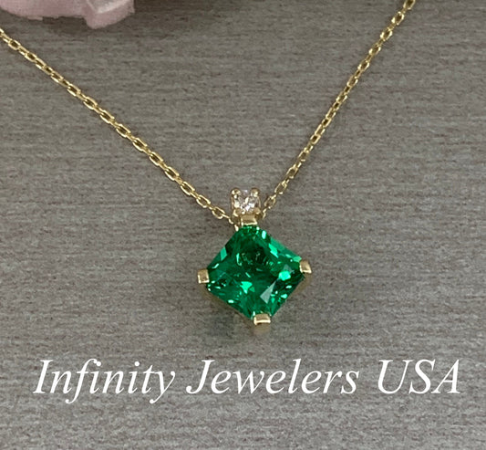 Square Radiant Cut Necklace / Green Emerald Necklace / Emerald And Diamond Necklace 14K Yellow  gold #6499