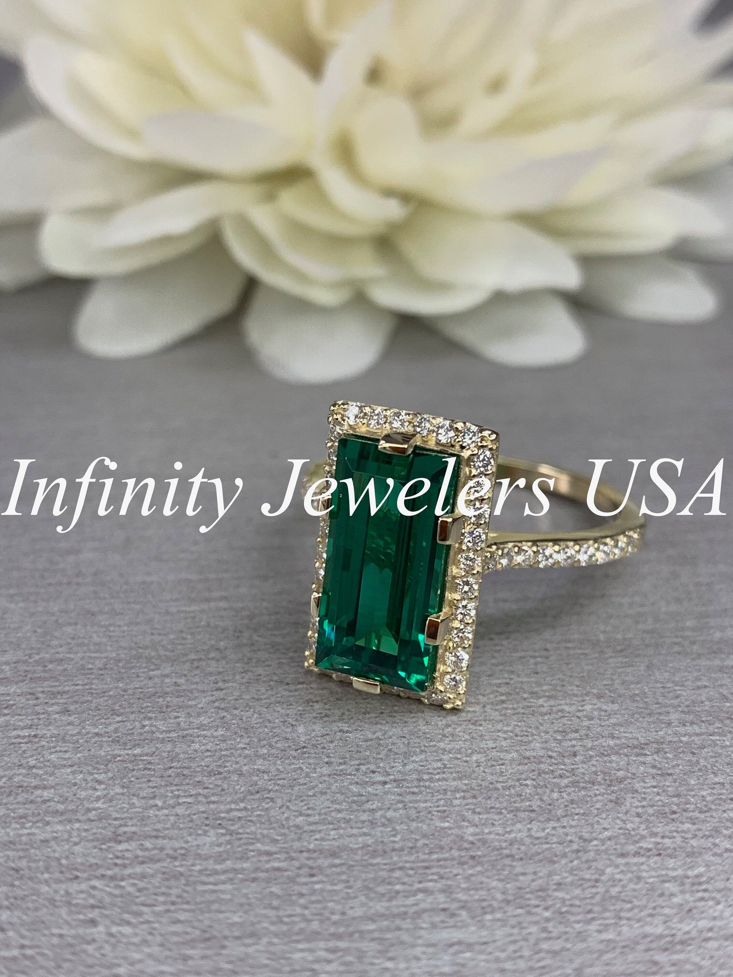 Emerald Green Elongated Baguette, Diamond Halo Engagement Ring, 14K Yellow Gold  Tulip Head Setting / Wedding Ring/ 5971
