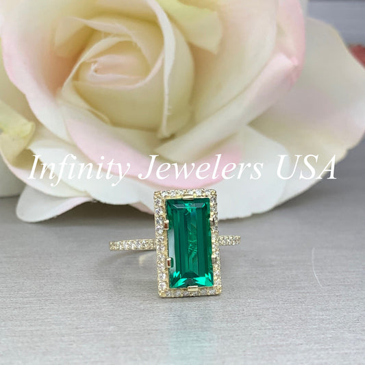 Emerald Green Elongated Baguette, Diamond Halo Engagement Ring, 14K Yellow Gold  Tulip Head Setting / Wedding Ring/ 5971