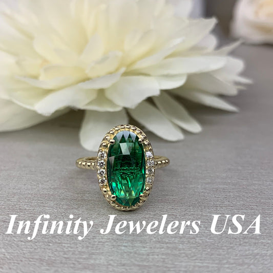 Elongated Checkerboared Oval Ladies Ring / Green Emerald Engagement Ring / Diamond And Emerald Wedding Ring / 14k Yellow Gold