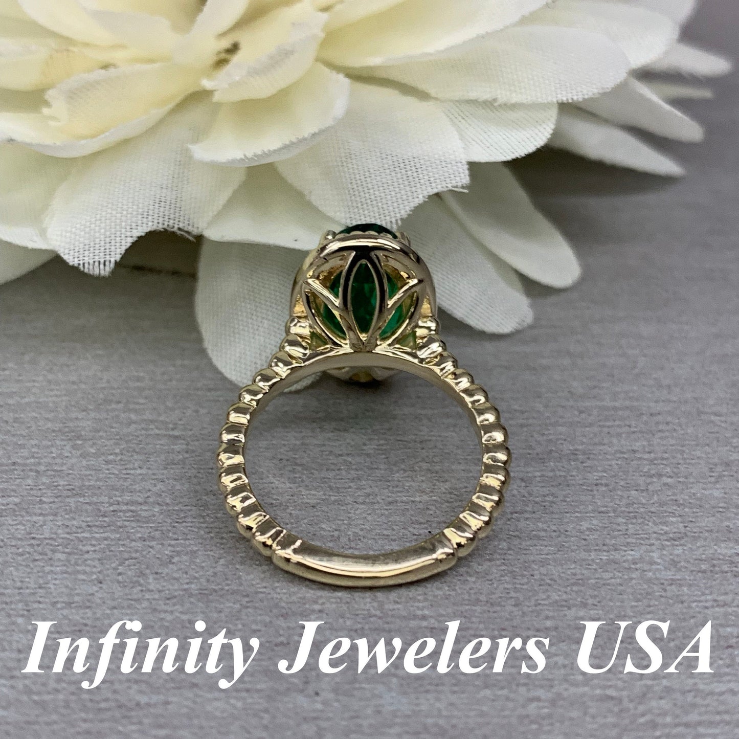 Elongated Checkerboared Oval Ladies Ring / Green Emerald Engagement Ring / Diamond And Emerald Wedding Ring / 14k Yellow Gold