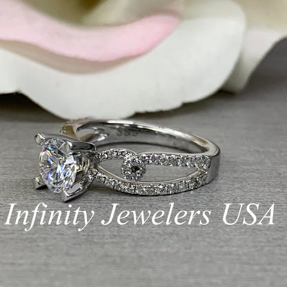 Certified Moissanite Forever One Round Engagement Ring With Diamond Split Shank Band 1.50ctw. 14K White Gold