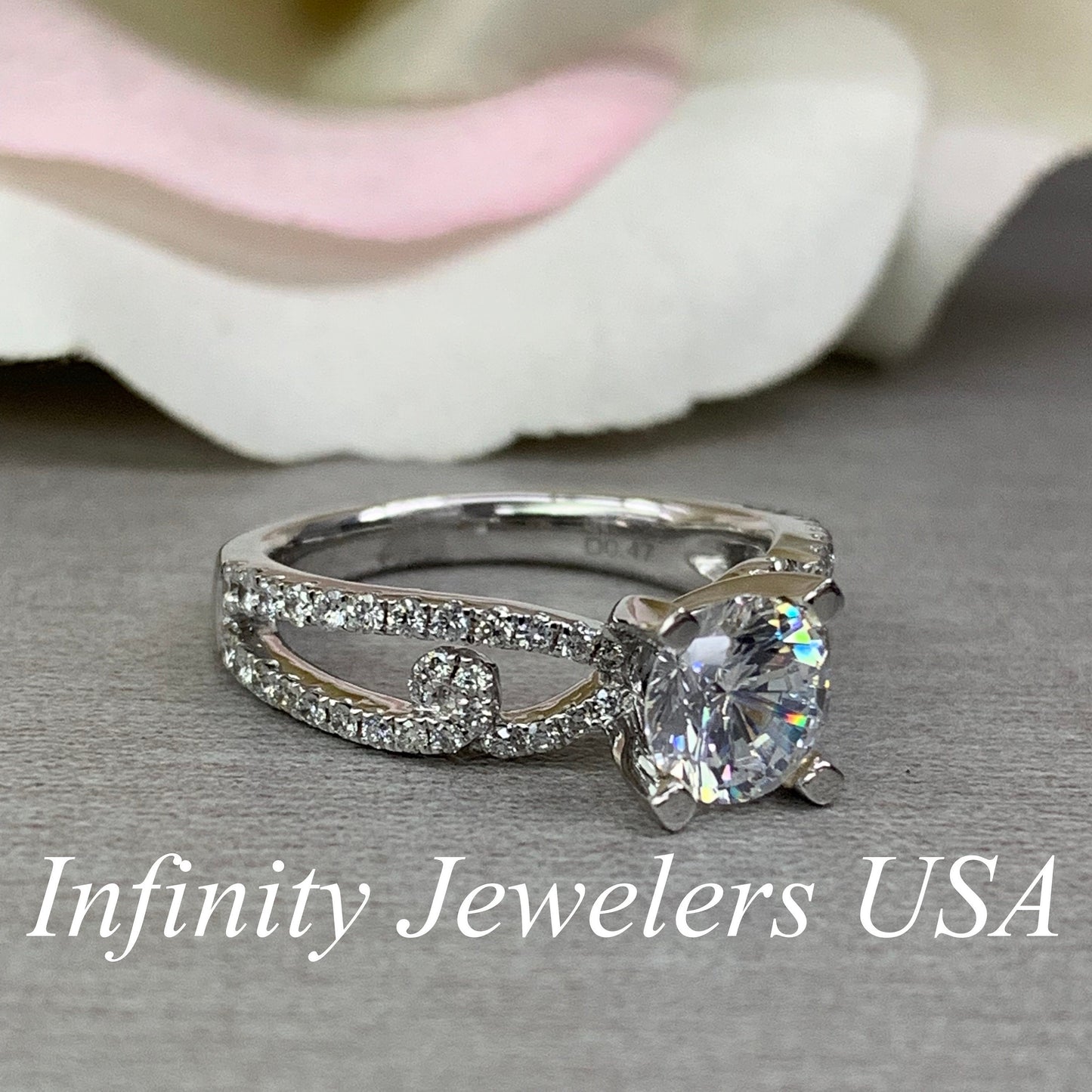 Certified Moissanite Forever One Round Engagement Ring With Diamond Split Shank Band 1.50ctw. 14K White Gold