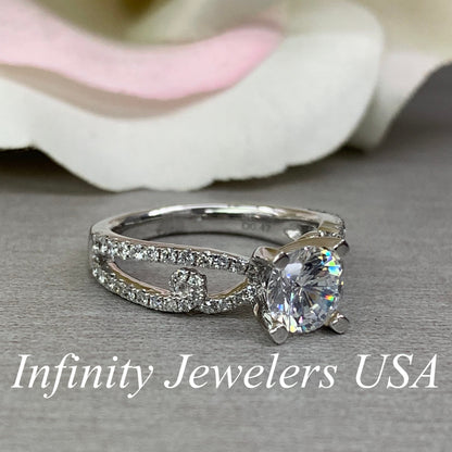 Certified Moissanite Forever One Round Engagement Ring With Diamond Split Shank Band 1.50ctw. 14K White Gold