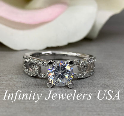 Certified Moissanite Forever One Round Engagement Ring With Diamond Split Shank Band 1.50ctw. 14K White Gold