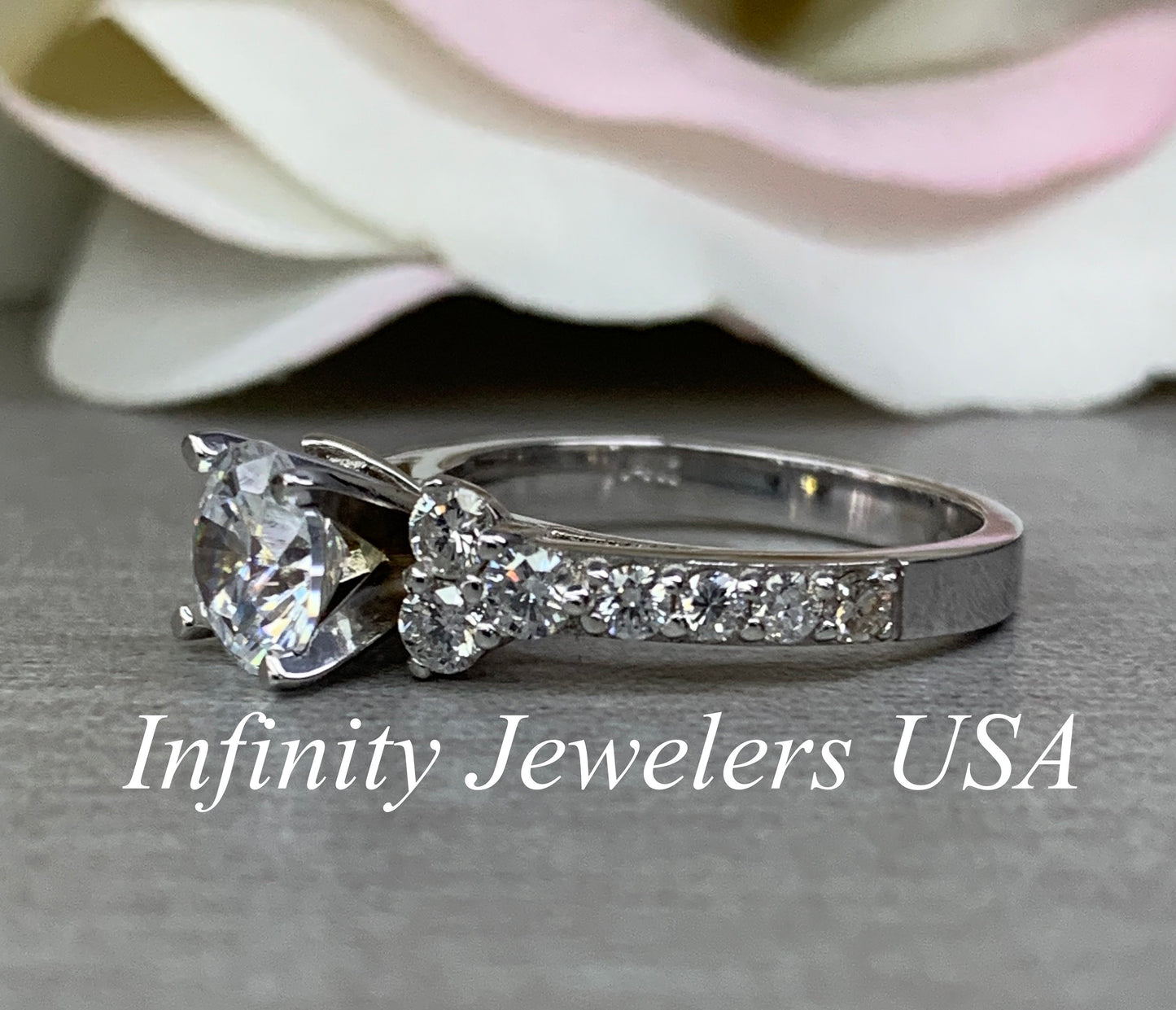 Moissanite Engagement Ring, Round Brilliant Moissanite Engagement Ring With Round Side Accents Engagement Ring, Solitaire Moissanite Ring