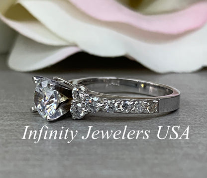 Moissanite Engagement Ring, Round Brilliant Moissanite Engagement Ring With Round Side Accents Engagement Ring, Solitaire Moissanite Ring
