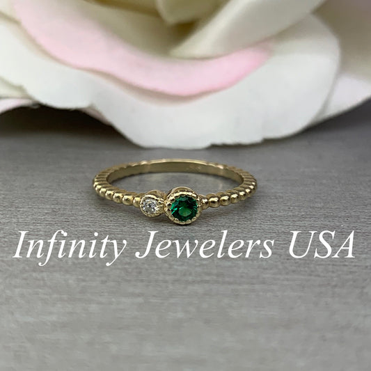 Emerald Ring Women's Solid Yellow Gold, 14k Gold Emerald and Moissanite Birthstone Ring, Emerald Jewelry Stacking Ring For Women, #6141