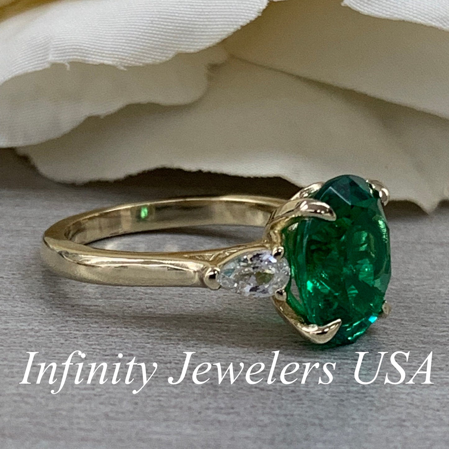 Oval Emerald Engagement Ring, Emerald Ladies Ring, White Sapphire Pear Wedding Ring, Moissanite Ring, 14K Yellow Gold Anniversary Ring
