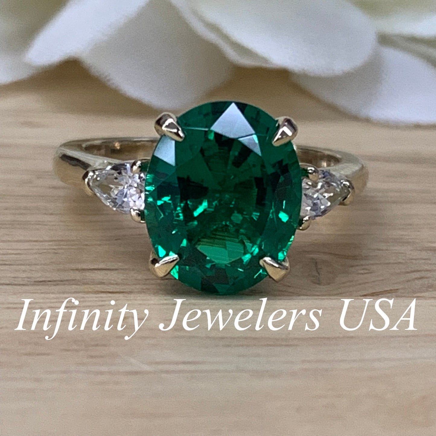 Oval Emerald Engagement Ring, Emerald Ladies Ring, White Sapphire Pear Wedding Ring, Moissanite Ring, 14K Yellow Gold Anniversary Ring