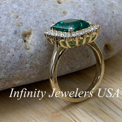 Emerald Cut  Engagement Ring  / Moissanite Halo Engagement Ring / 14k Yellow Gold / Emerald Ring