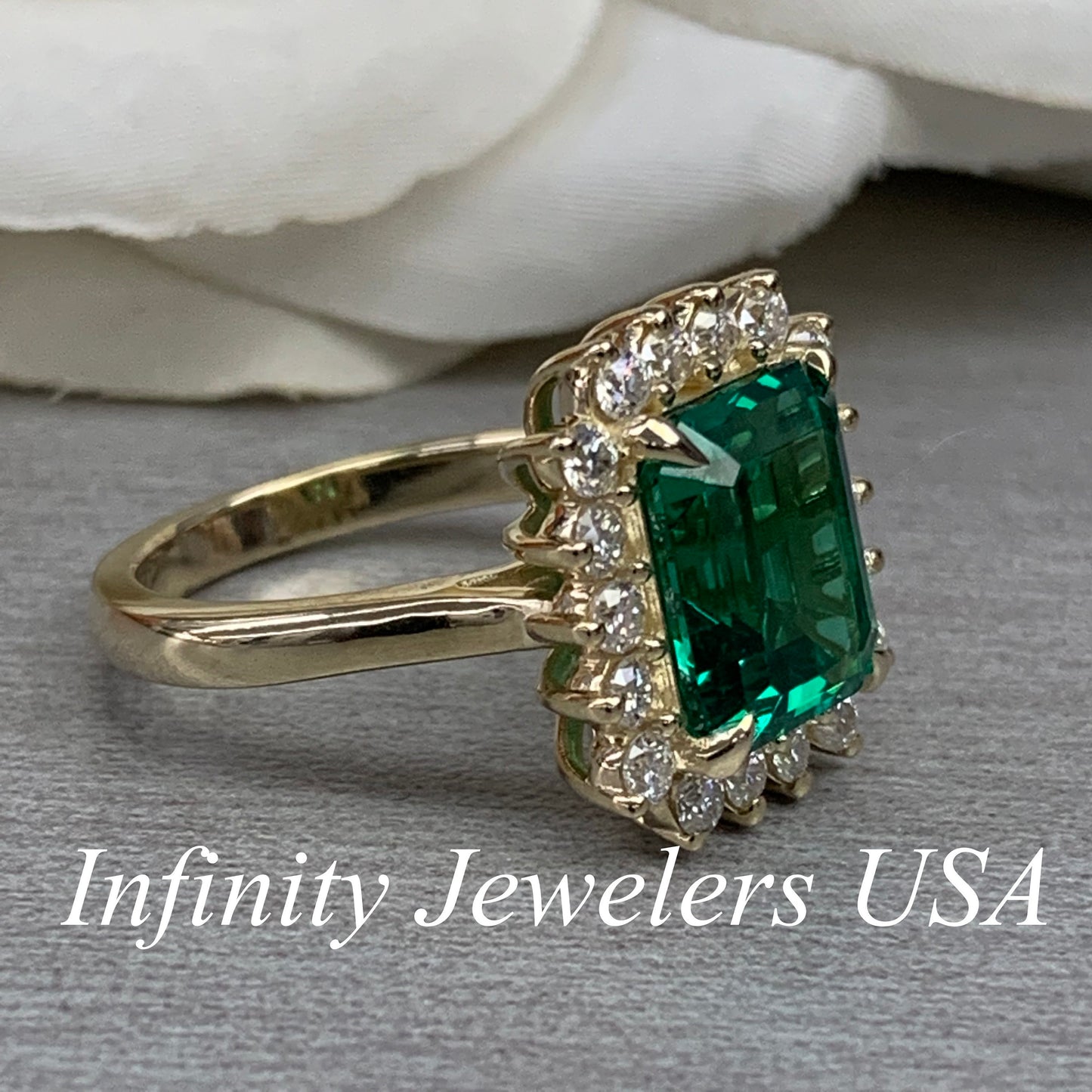 Emerald Cut  Engagement Ring  / Moissanite Halo Engagement Ring / 14k Yellow Gold / Emerald Ring