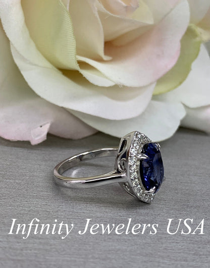 Oval Blue Sapphire Engagement Ring With Moissanite Halo, Blue Sapphire And Moissanite Wedding Ring, 14k Gold Moissanite Ring For Her   #6441
