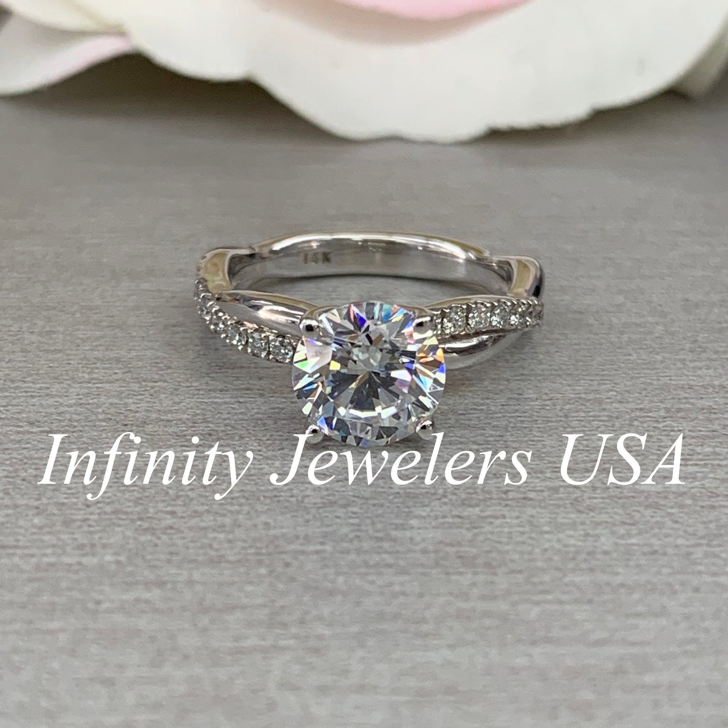 Moissanite Engagement Ring White Gold Round Shaped Moissanite Engagement Ring with Diamond Infinity Band Unique Vintage Promise Rings  #5201