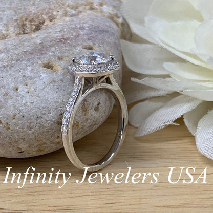 Moissanite Engagement Ring With Round Center Set In A Cushion Shape Halo And Accent On Band 14k White Gold, Moissanite Wedding Ring #5039