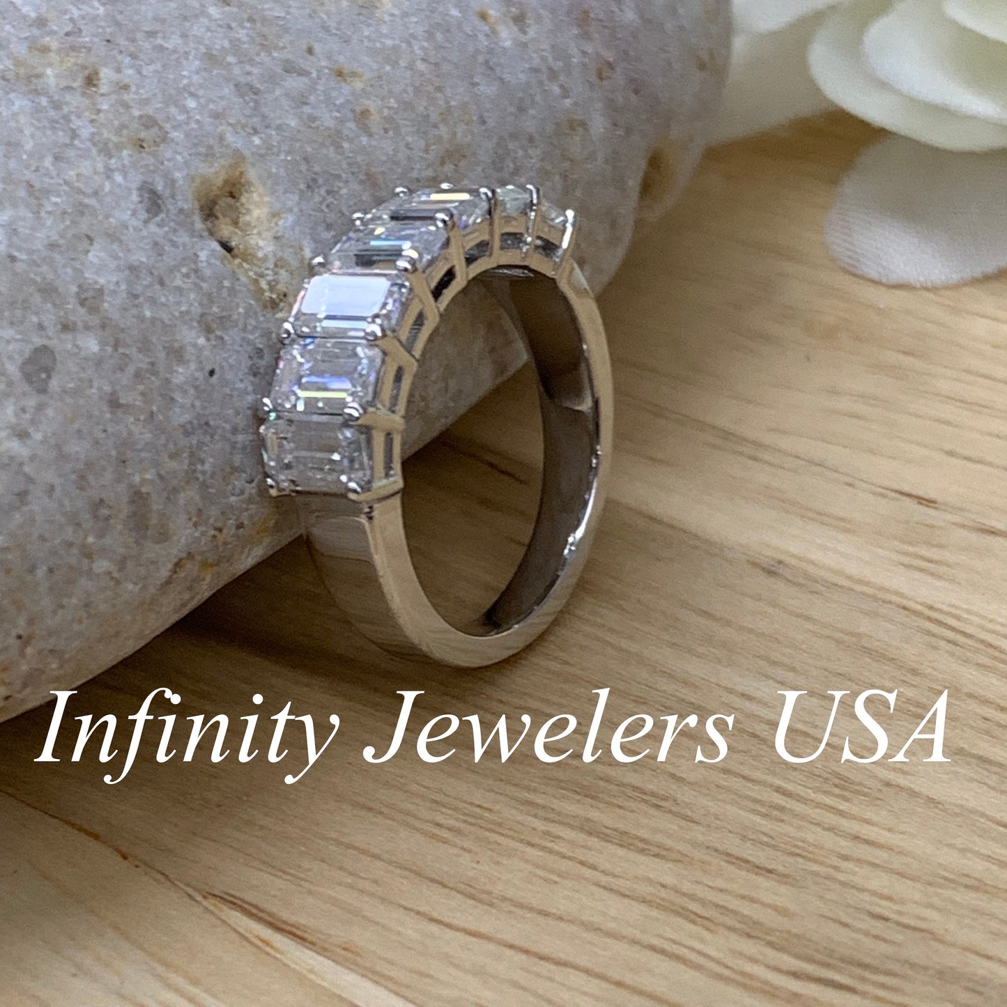 Emerald Cut Moissanite Wedding Band, Seven Stone Emerald Cut Moissanite Anniversary Band, 14k Gold Emerald Cut Moissanite Wedding Ring #5779