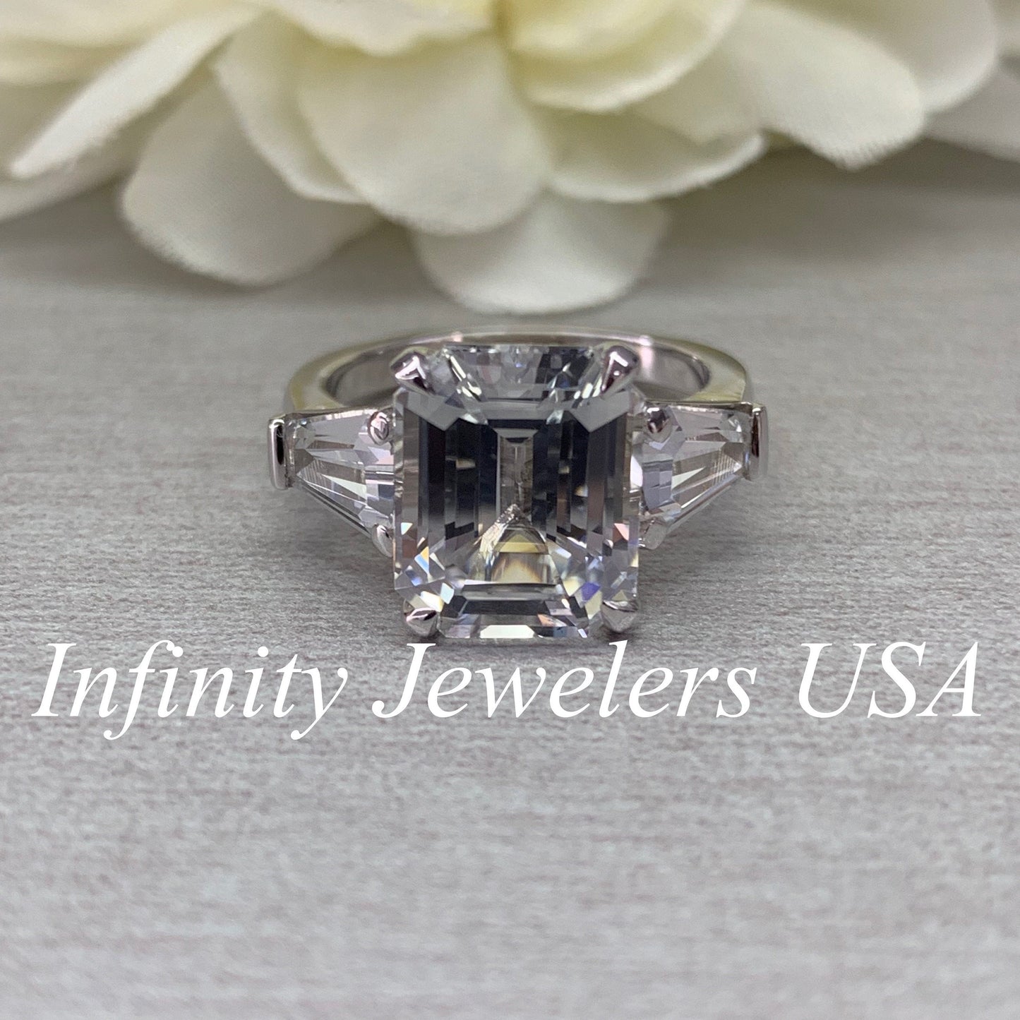 Certified Moissanite Engagement Ring, Emerald Cut Moissanite Wedding Ring, Elongated Trapezoid, 14K White Gold