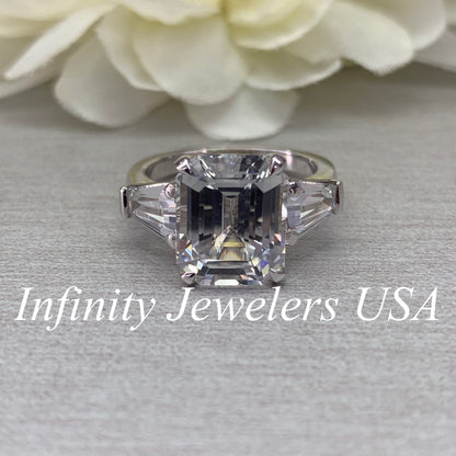 Certified Moissanite Engagement Ring, Emerald Cut Moissanite Wedding Ring, Elongated Trapezoid, 14K White Gold