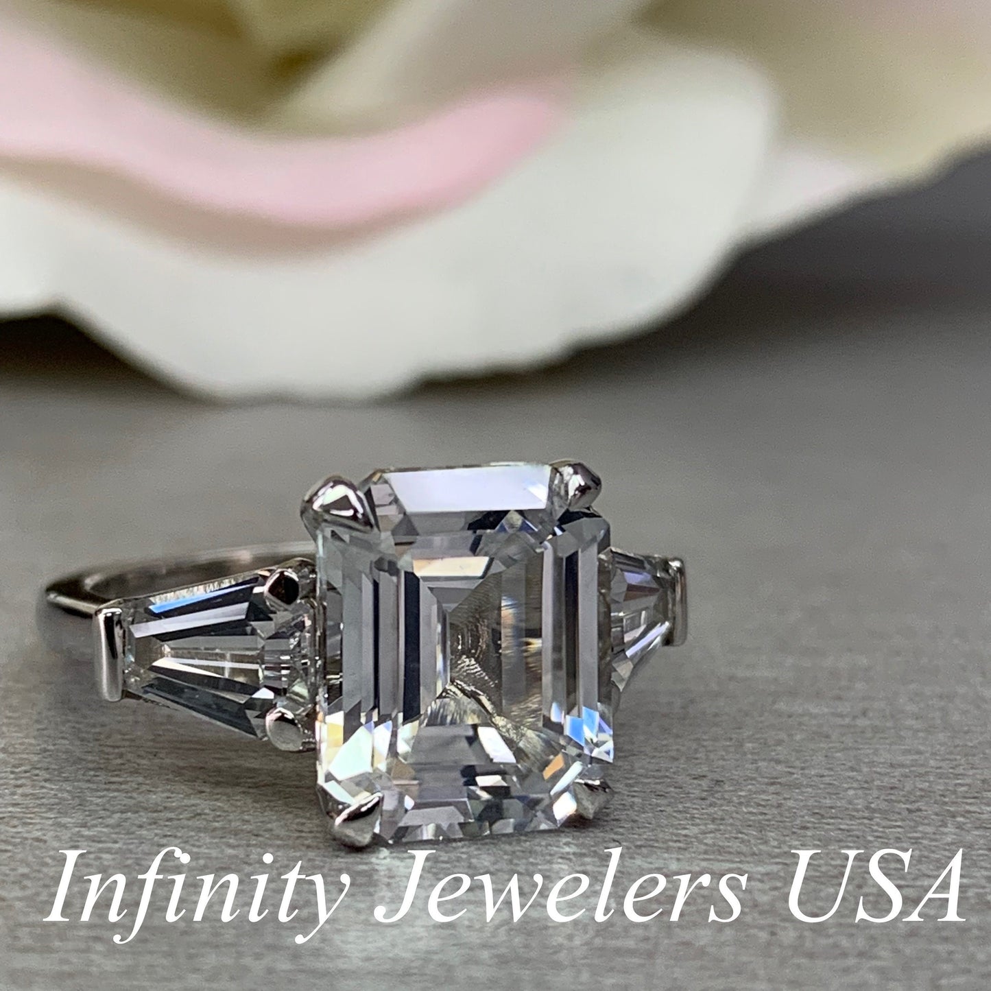 Certified Moissanite Engagement Ring, Emerald Cut Moissanite Wedding Ring, Elongated Trapezoid, 14K White Gold