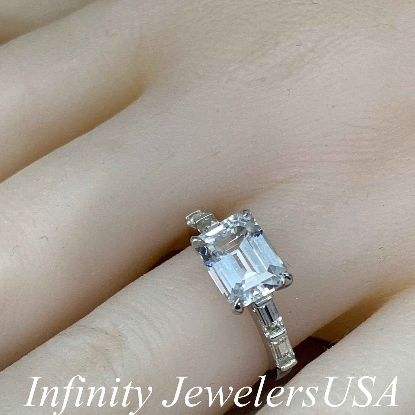 Certified Moissanite Emerald Cut Engagement Ring, East To West Moissanite And Baguette Ring,  Dainty Ring In 14K White Gold