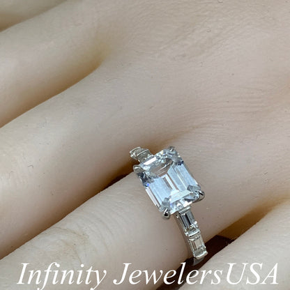 Certified Moissanite Emerald Cut Engagement Ring, East To West Moissanite And Baguette Ring,  Dainty Ring In 14K White Gold