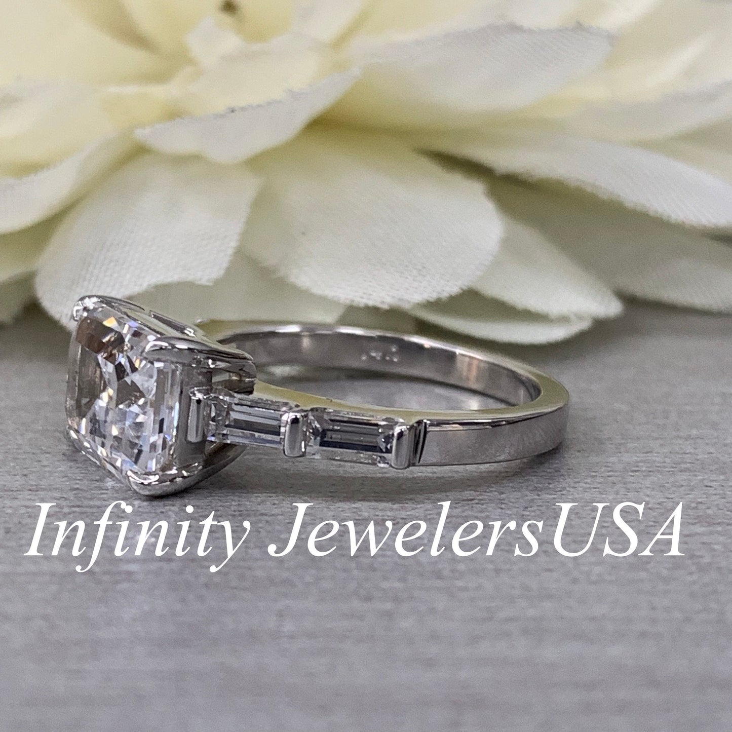 Certified Moissanite Emerald Cut Engagement Ring, East To West Moissanite And Baguette Ring,  Dainty Ring In 14K White Gold