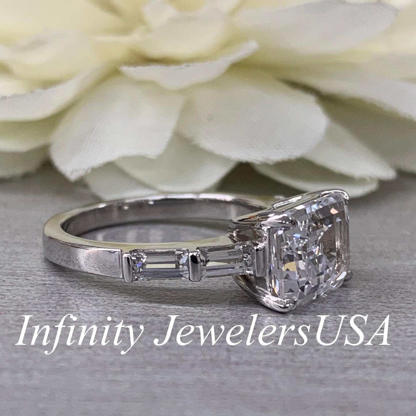 Certified Moissanite Emerald Cut Engagement Ring, East To West Moissanite And Baguette Ring,  Dainty Ring In 14K White Gold