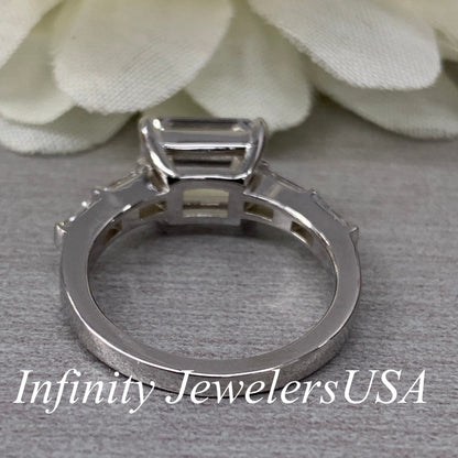 Certified Moissanite Emerald Cut Engagement Ring, East To West Moissanite And Baguette Ring,  Dainty Ring In 14K White Gold
