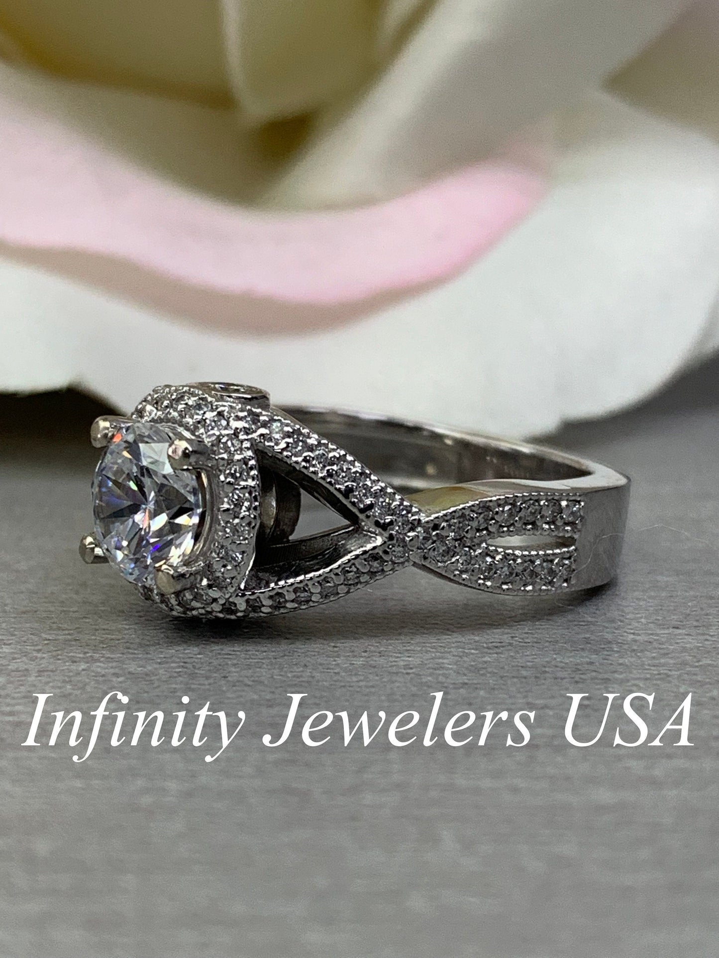 Round Cut Moissanite Engagement Ring 14K White Gold Infinity Design Halo Moissanite Engagement Ring For Women Unique Moissanite Ring   #3800