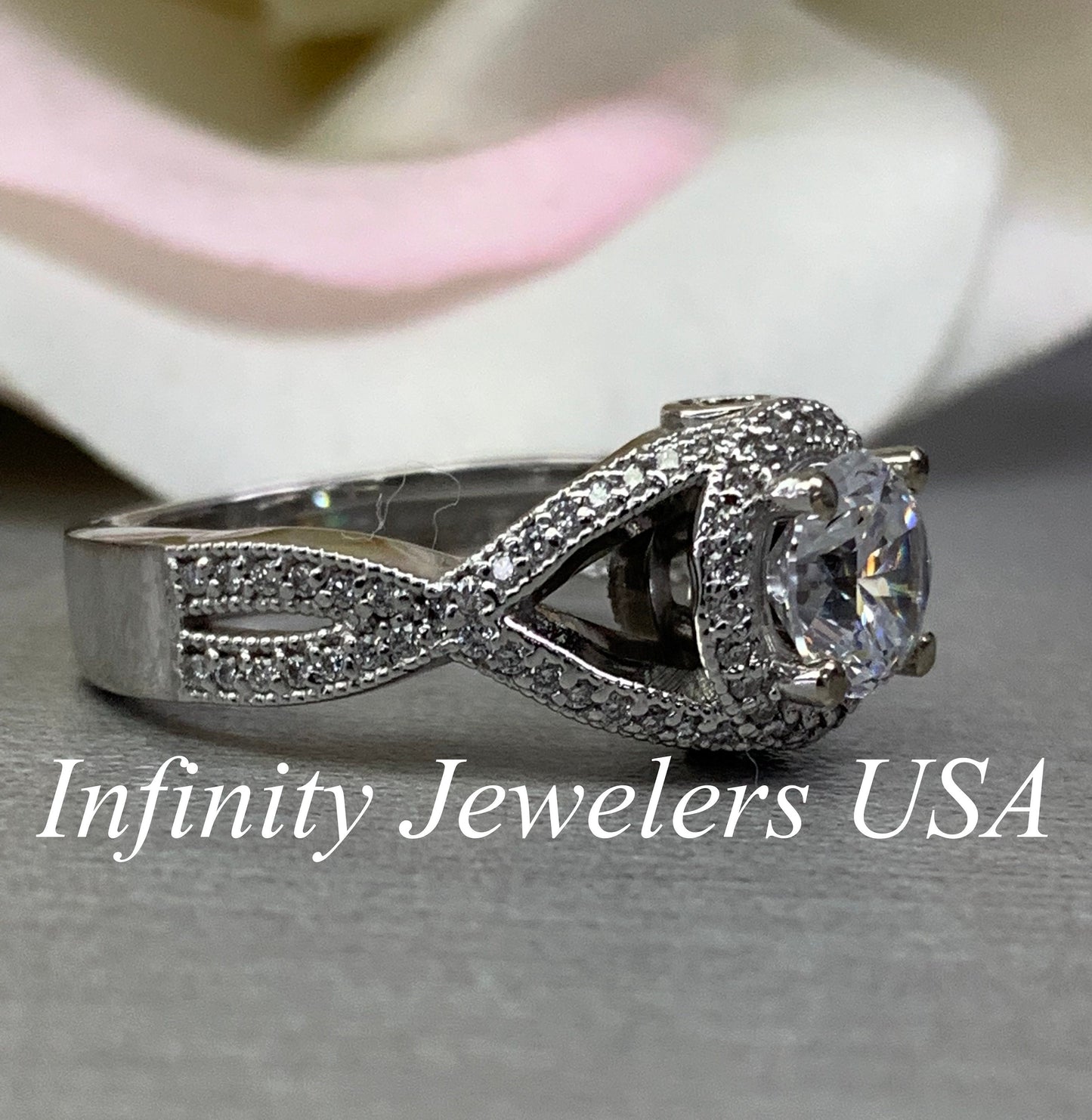 Round Cut Moissanite Engagement Ring 14K White Gold Infinity Design Halo Moissanite Engagement Ring For Women Unique Moissanite Ring   #3800